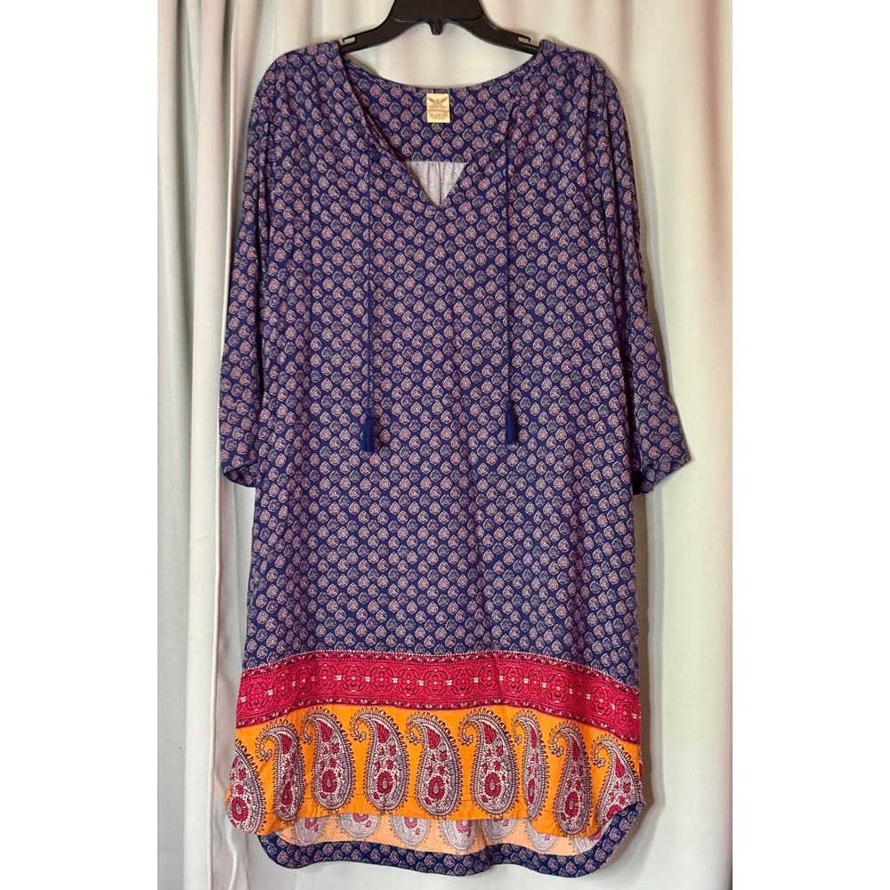 Faded Glory Womens XL Paisley Boho Rayon Tassel Tie Shift Dress Navy Blue Orange